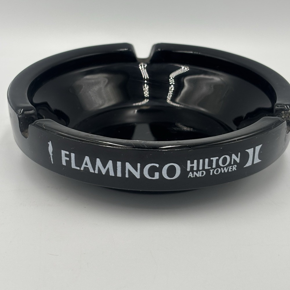 Flamingo Hilton and Tower Cigarette Cigar Ashtray Las Vegas Casino Black Glass‎